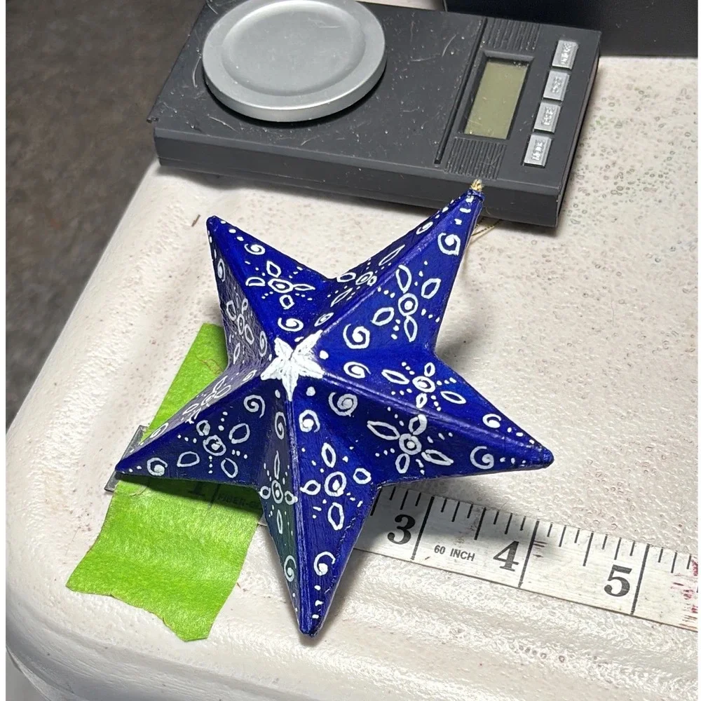Christmas Ornaments Blue Hand Painted Folk Art Papier Mache Star Finial Set 2